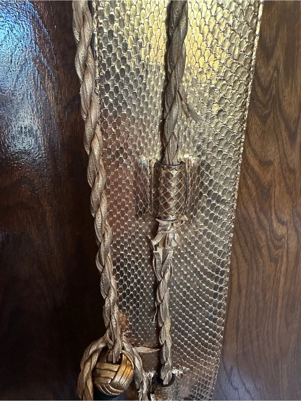 Gucci Python Snakeskin-Leather Metallic Gold Waist Belt w/ Braided Tassel